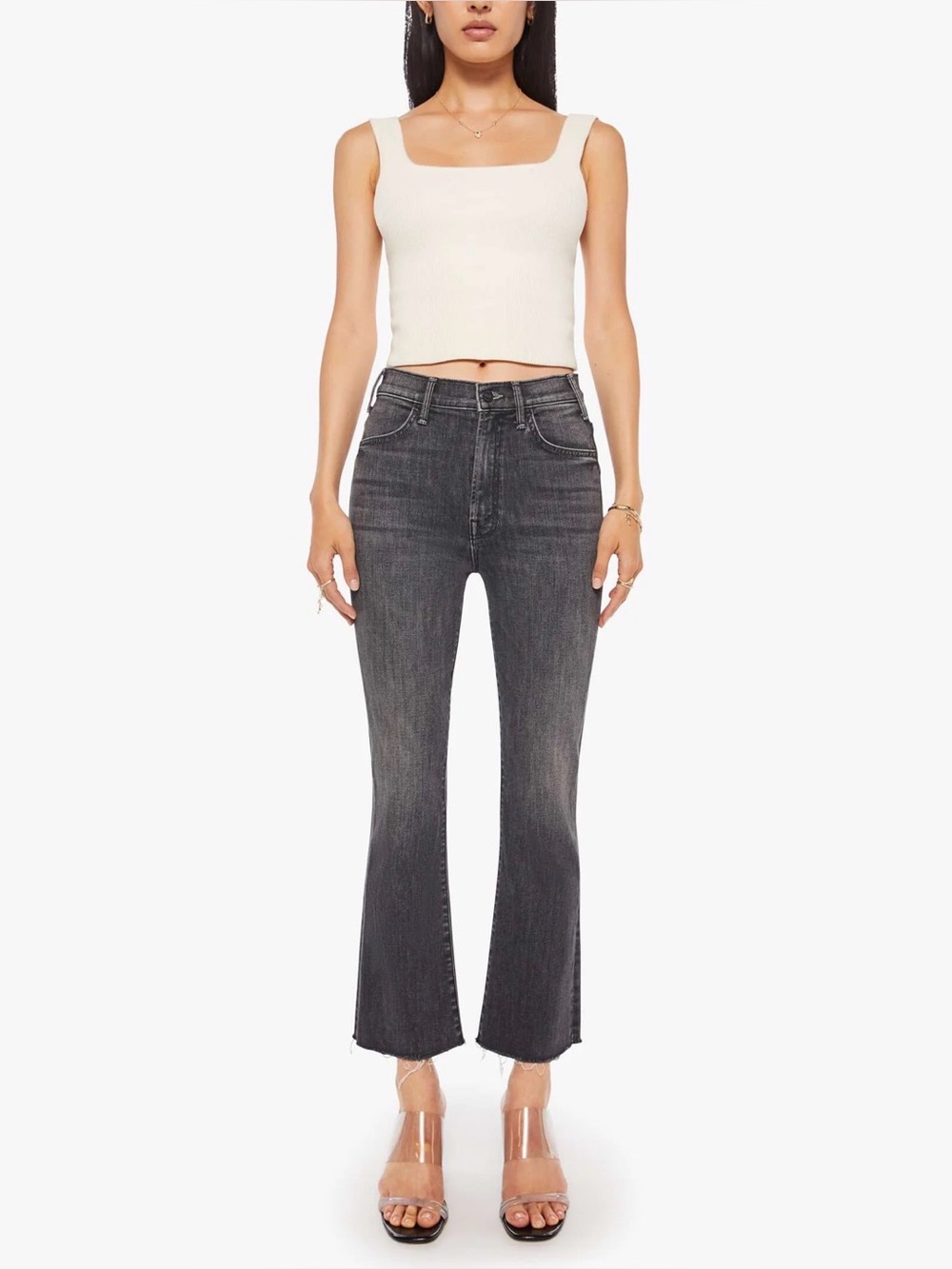 MOTHER High-Rise Ankle Crop Jeans in Washed Black